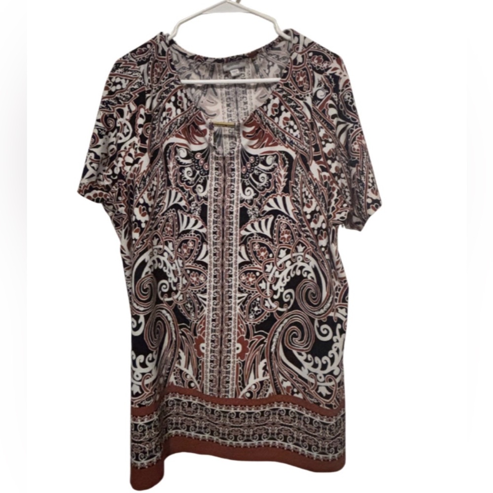 Avenue Women’s Paisley Print Plus Size Short Sleeve Top - Rusty Brown & Black